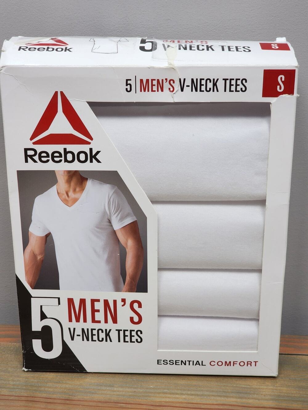Reebok Mens Essential Comfort V-Neck S/S Tee Shirt White Small Pack Of 4